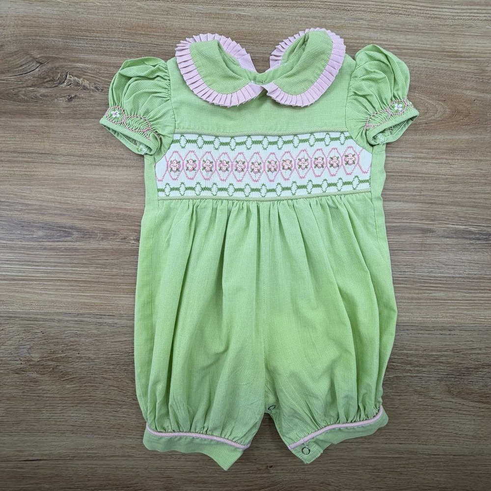 Baby Boy Girl SMOCKED Romper 6months Remember Nguyen Green White